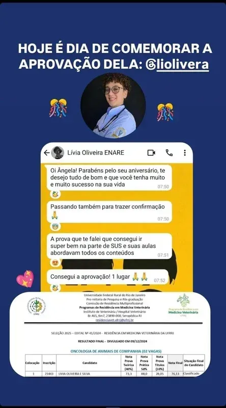 Print de mensagem de aluna aprovada na residência: 'missão cumprida com sucesso', agradecendo o método da Profª Angel.