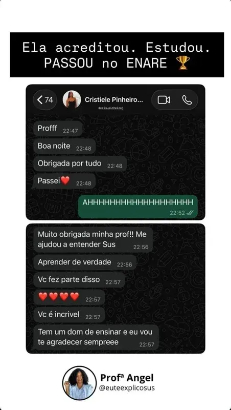 Mensagem da aluna @lioliveira comemorando aprovação na residência médica após estudar SUS com a Profª  Ângela Borges.