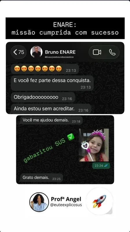 Captura de tela de aluna agradecendo a clareza das aulas de SUS para o ENARE.